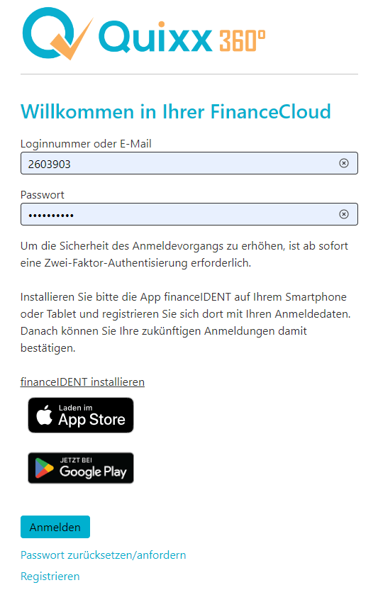 Ansicht Ihrer Kunden nach Eingabe der Anmeldedaten
